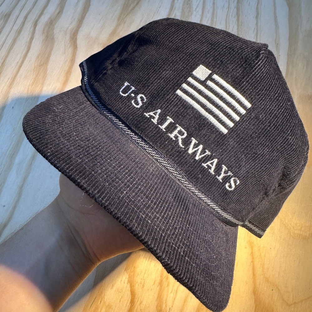 Vintage US Airways Swingster Corduroy Snapback Hat Navy Blue Made in USA